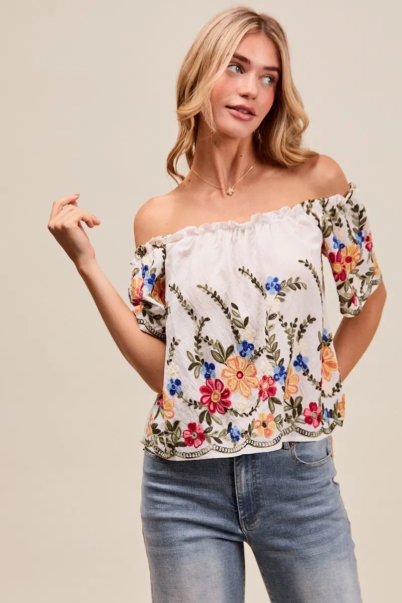 SO ME Floral Embroidered Off Shoulder Blouse With Ruffle Detail – Boho Chic - NeoKira Unlimited