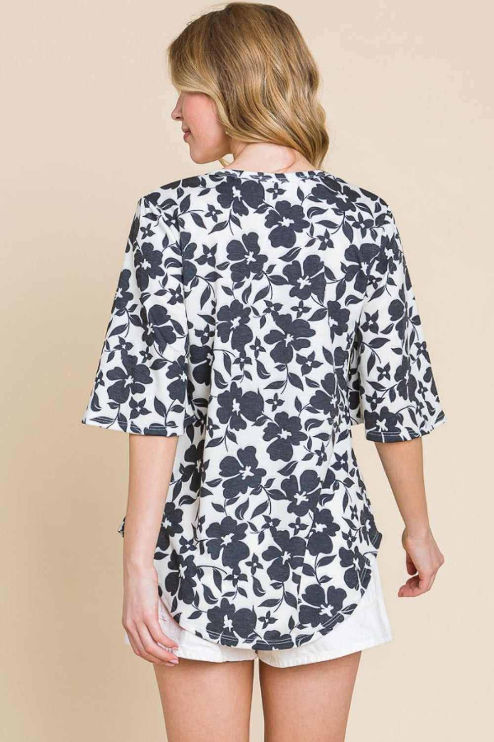 BOMBOM Floral Decorative Button V-Neck Top - NeoKira Unlimited