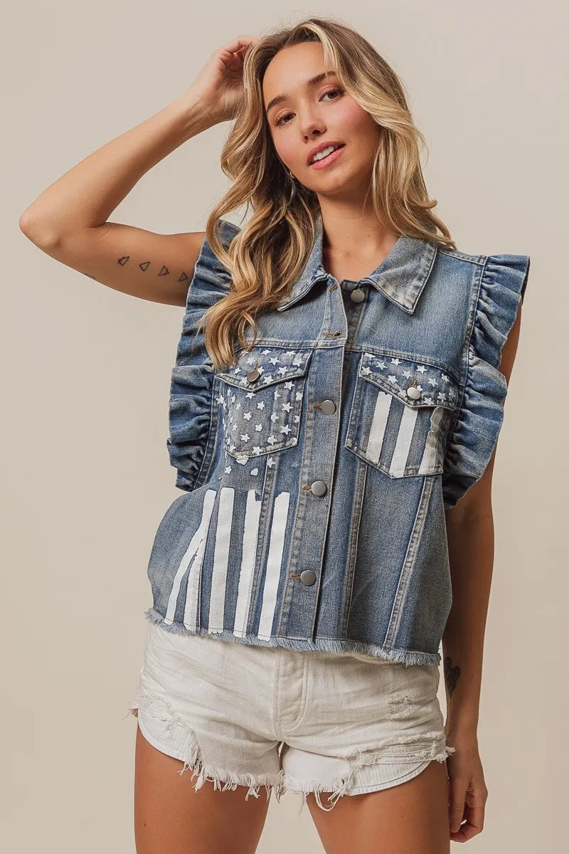 BiBi American Flag Washed Denim Jacket - NeoKira Unlimited