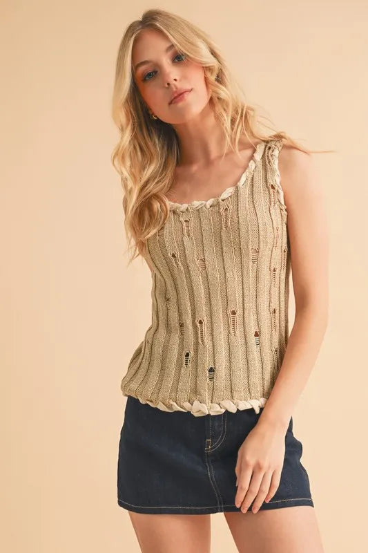 Aemi+Co Distressed Detail Round Neck Knit Tank - NeoKira Unlimited
