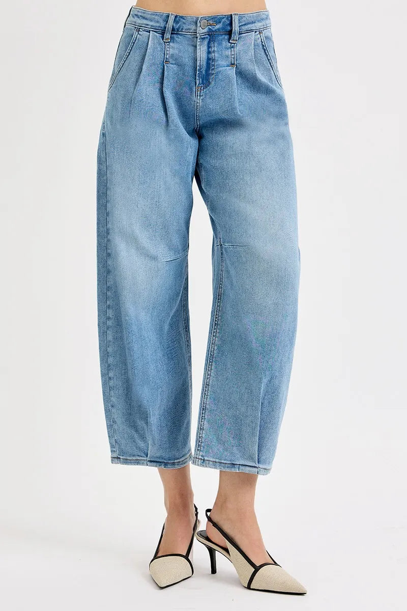 RISEN Full Size Mid-Rise Light Blue Wide Leg Cropped Jeans Relaxed Vintage Boyfriend Fit - NeoKira Unlimited