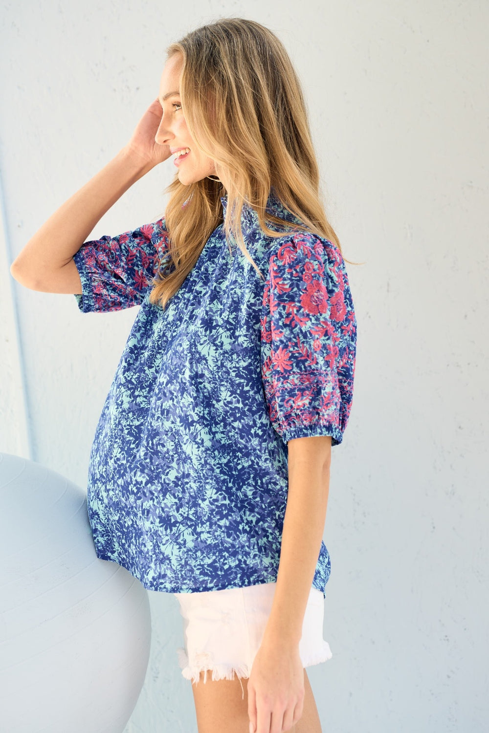 Hailey & Co Embroidered Puff Sleeve Printed Blouse - NeoKira Unlimited