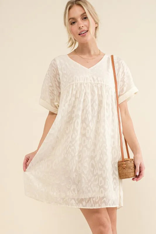 And The Why Woven Leopard Baby Doll Roll-Sleeve Casual Dress - NeoKira Unlimited