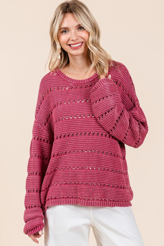 Mittoshop Openwork Round Neck Drop Shoulder Sweater - NeoKira Unlimited