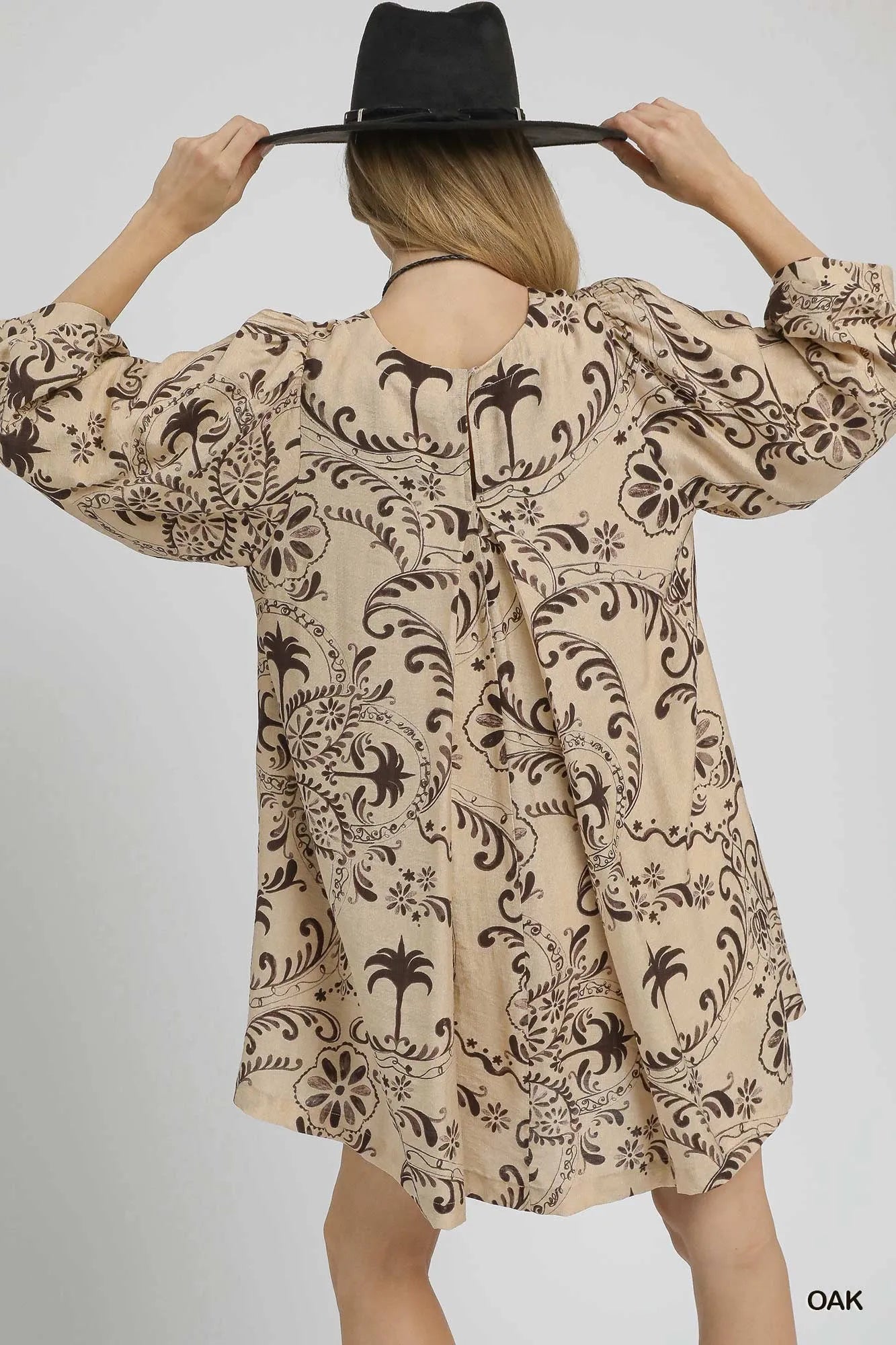 Umgee Boho Balloon Sleeve Paisley Mini Dress Vintage Oak Tones - NeoKira Unlimited