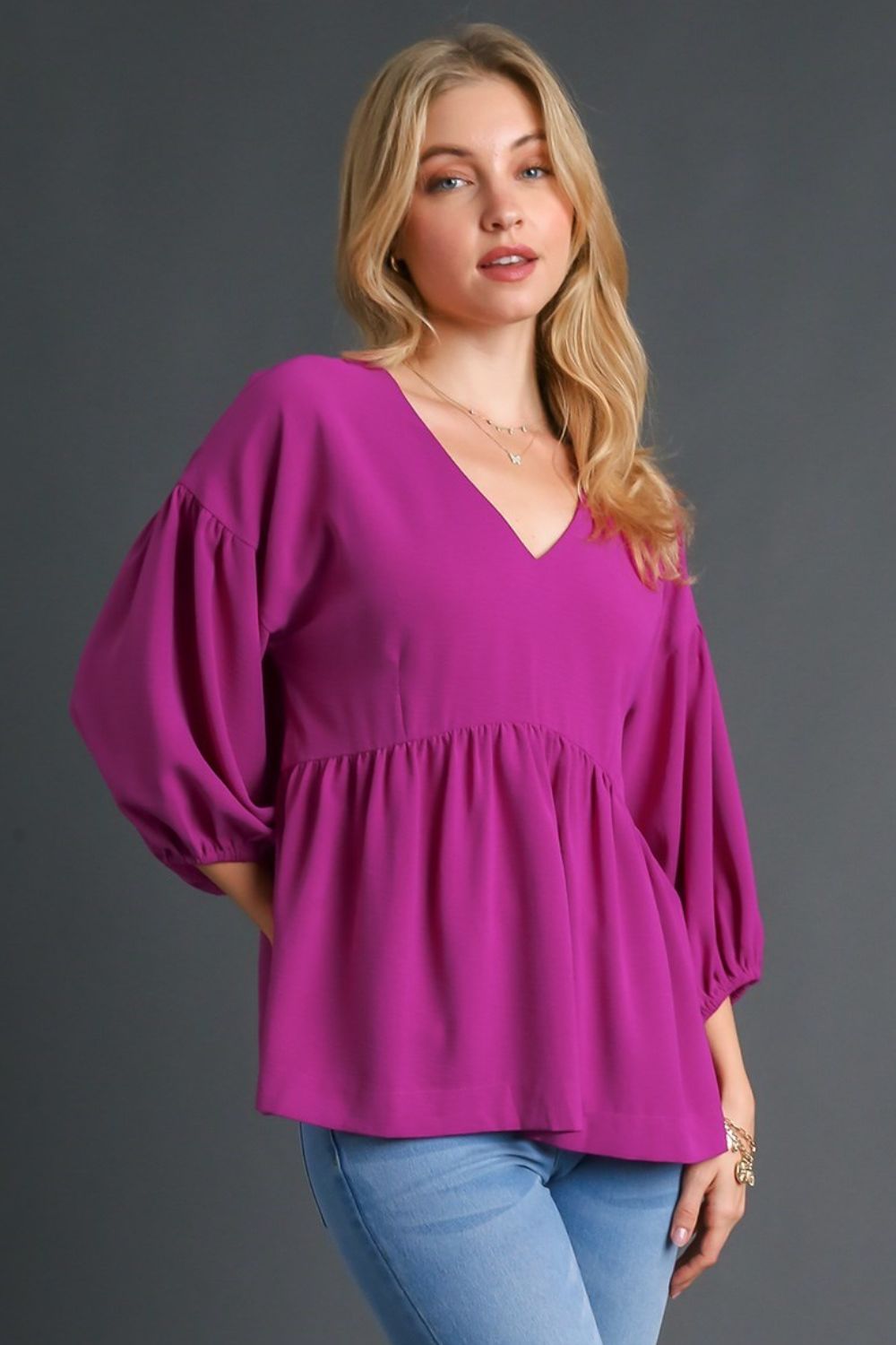 Umgee Full Size V-Neck Puffed 3/4 Sleeve Babydoll Blouse Plus Size - NeoKira Unlimited