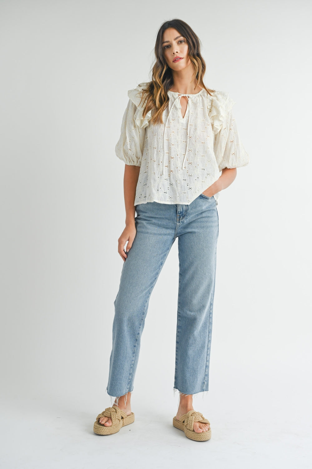 MABLE Eyelet Lace Ruffle Shoulder Puff Sleeve Blouse Blouse Trendsi   