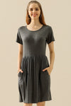 Ninexis Full Size Round Neck Ruched Dress with Pockets Mini Dress Trendsi H CHARCOAL XL 