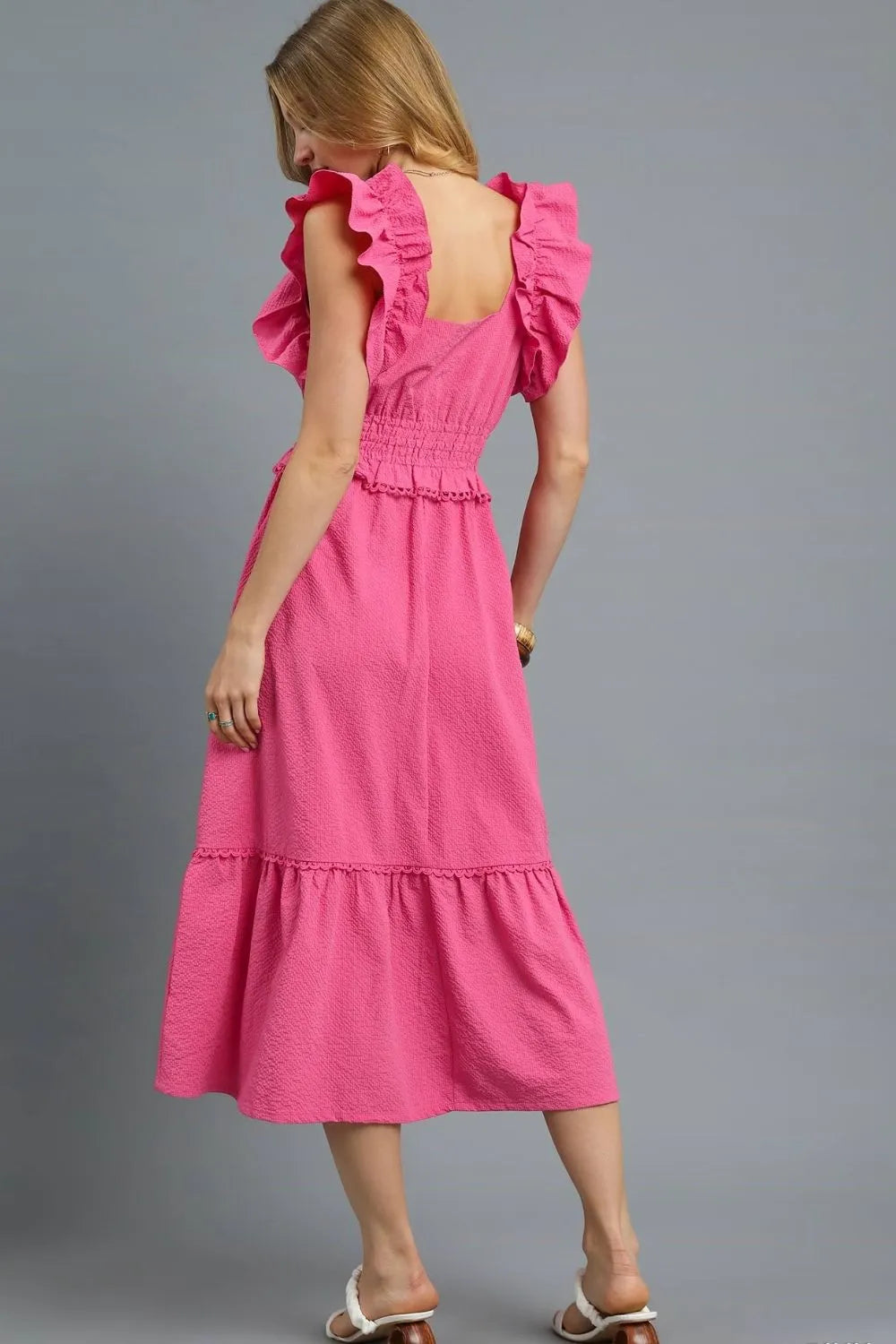 Umgee Boho Chic Pink Ruffle Smocked Midi Dress With Tiered Hem - NeoKira Unlimited