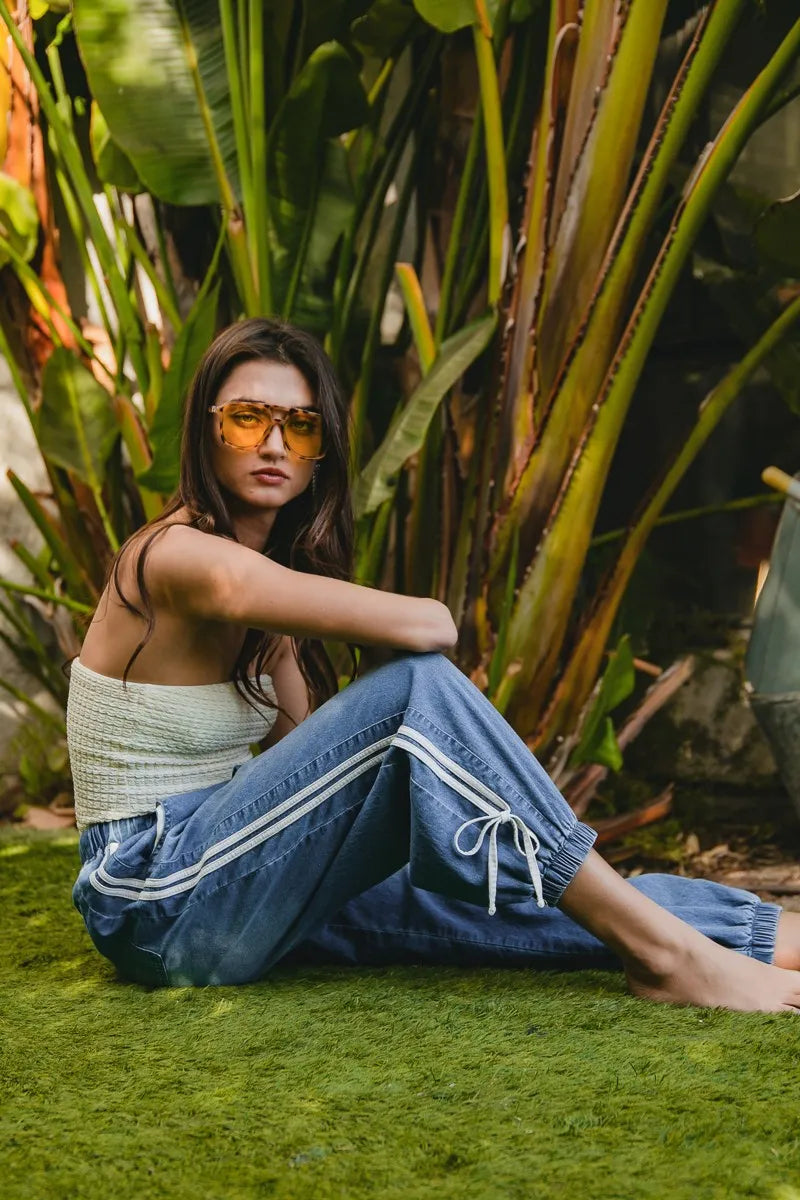 BiBi Striped Tape Details With Bot Tied Point Elastic Waist Jeans - NeoKira Unlimited