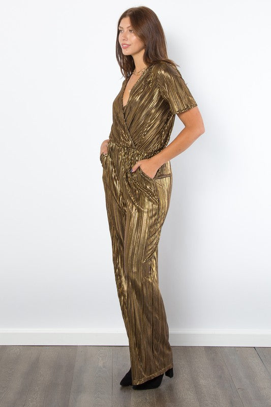 Be Stage Surplice Short Sleeve Pleated Foil Jumpsuit - NeoKira Unlimited