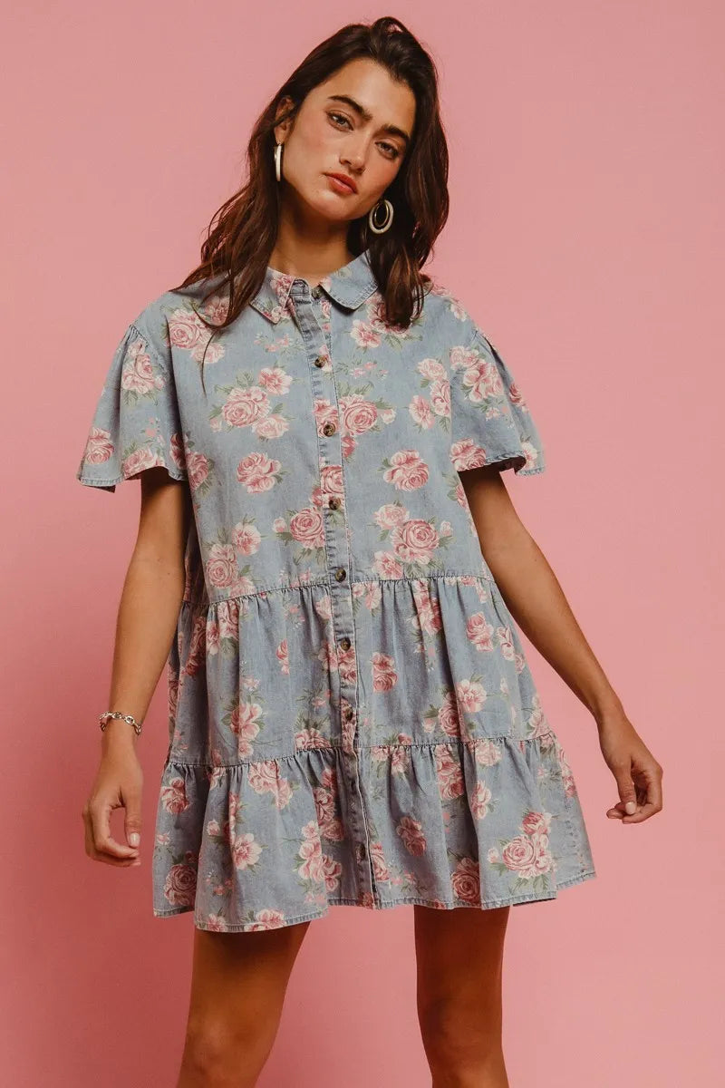 BiBi Vintage Style Blue Floral Washed Tiered Lightweight Mini Shirt Dress - NeoKira Unlimited