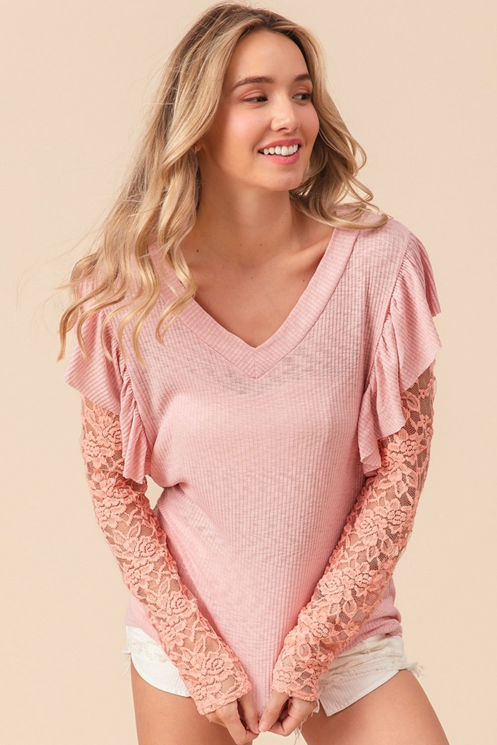 BiBi Ruffled Lace Sleeve Rib Knit Top Top Trendsi Blush Pink S 