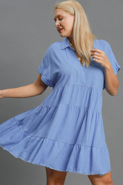 Umgee Full Size Raw Hem Folded Sleeve Tiered Dress Plus Size - NeoKira Unlimited