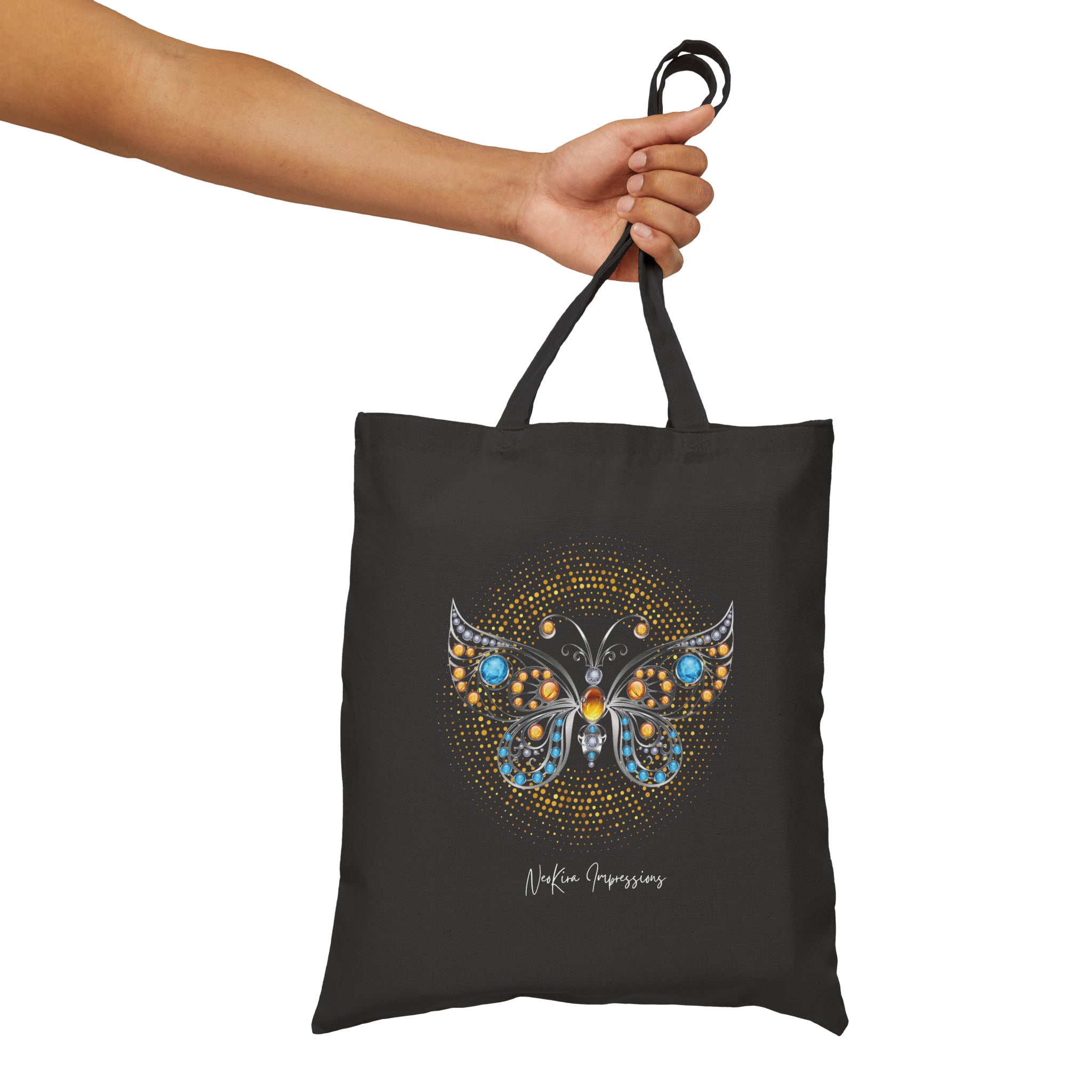 GOLDEN AND TURQUOISE BUTTERFLY Cotton Canvas Tote Bag Tote Bag Printify   