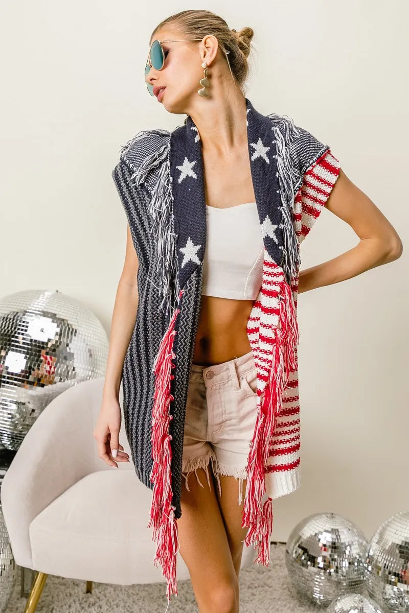BiBi American Flag Fringe Edged Sweater Vest - NeoKira Unlimited
