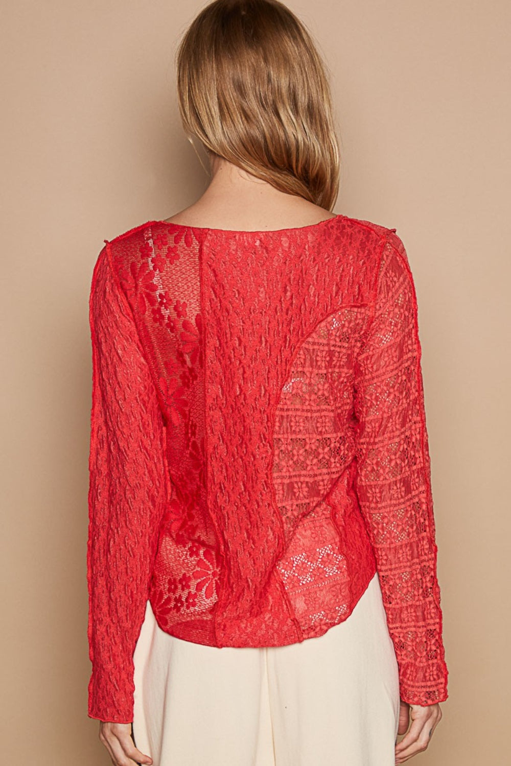 POL Exposed Seam Long Sleeve Lace Knit Top Top Trendsi   