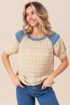 BiBi Textured Contrast Short Sleeve Sweater Sweater Trendsi Oatmeal/Denim S 