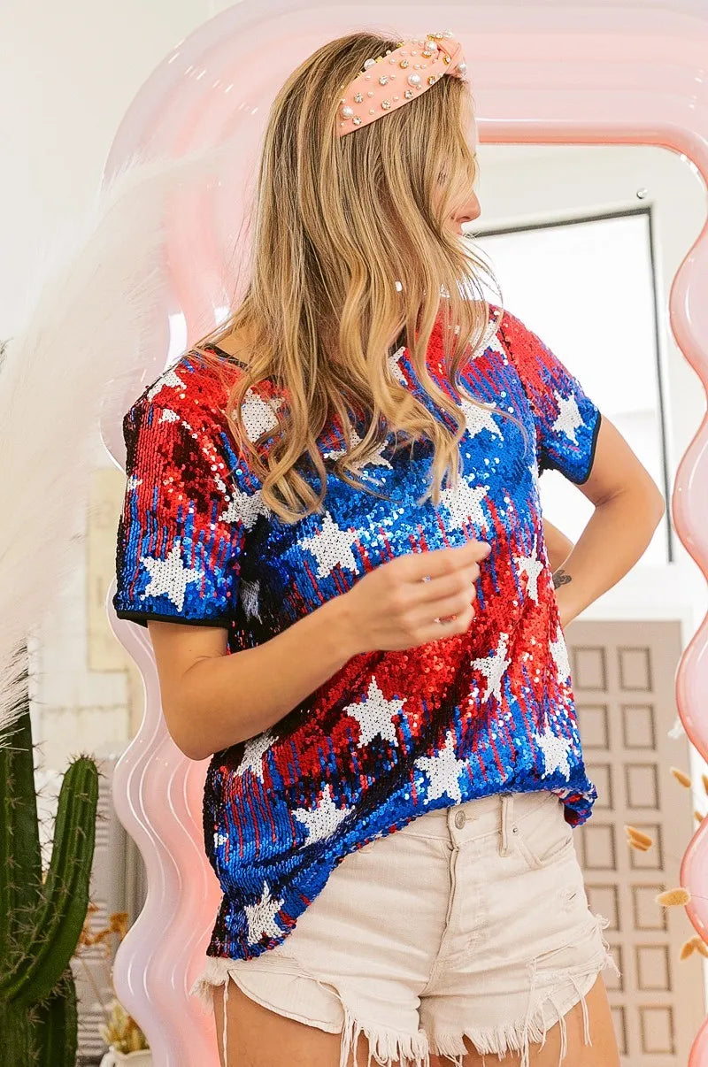 BiBi American Flag Theme Star Pattern Sequin Top - NeoKira Unlimited