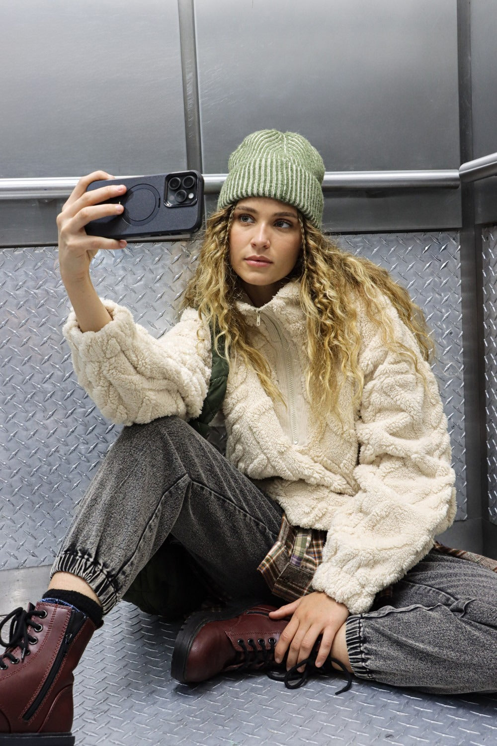 VERY J Fuzzy Fleece Half Zip Cable Pattern Sweatshirt - NeoKira Unlimited