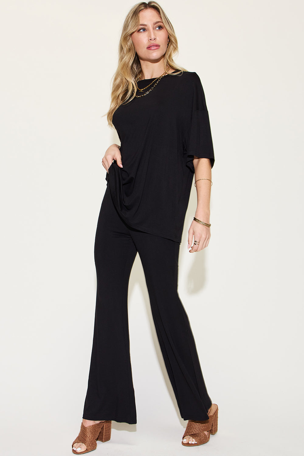 Basic Bae Full Size Bamboo Drop Shoulder T-Shirt and Flare Pants Set - NeoKira Unlimited