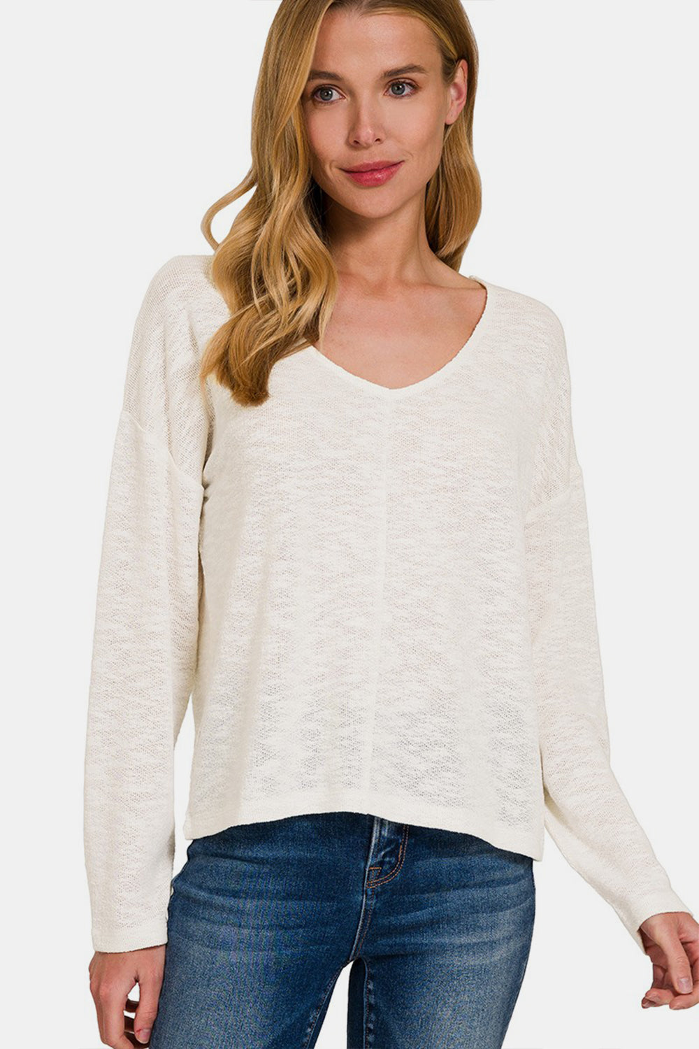 Zenana V-Neck Dropped Shoulder Long Sleeve T-Shirt - NeoKira Unlimited