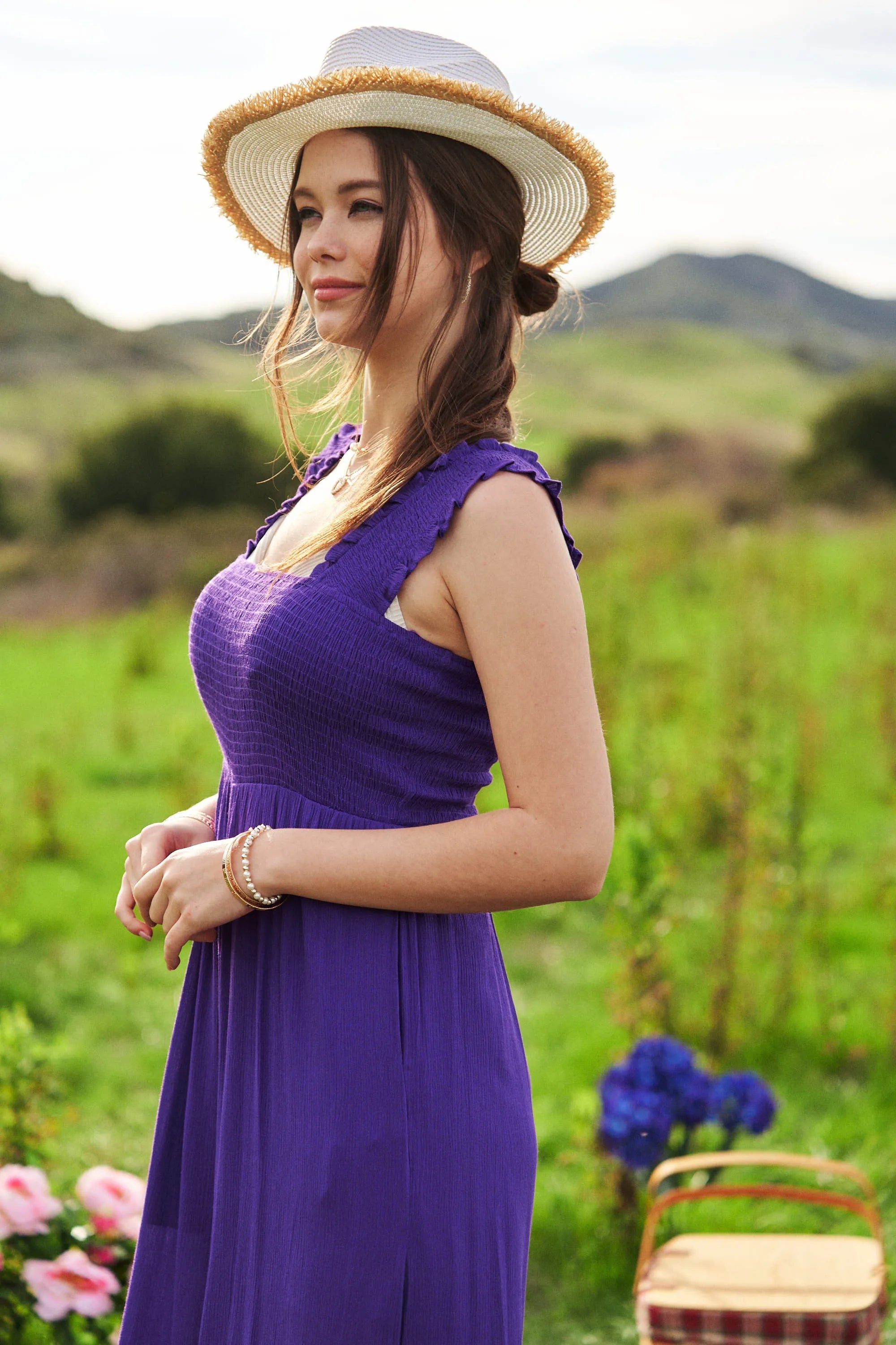 Davi & Dani Smocked Bodice Strap Ruffle Tie Belt Jumpsuit - NeoKira Unlimited