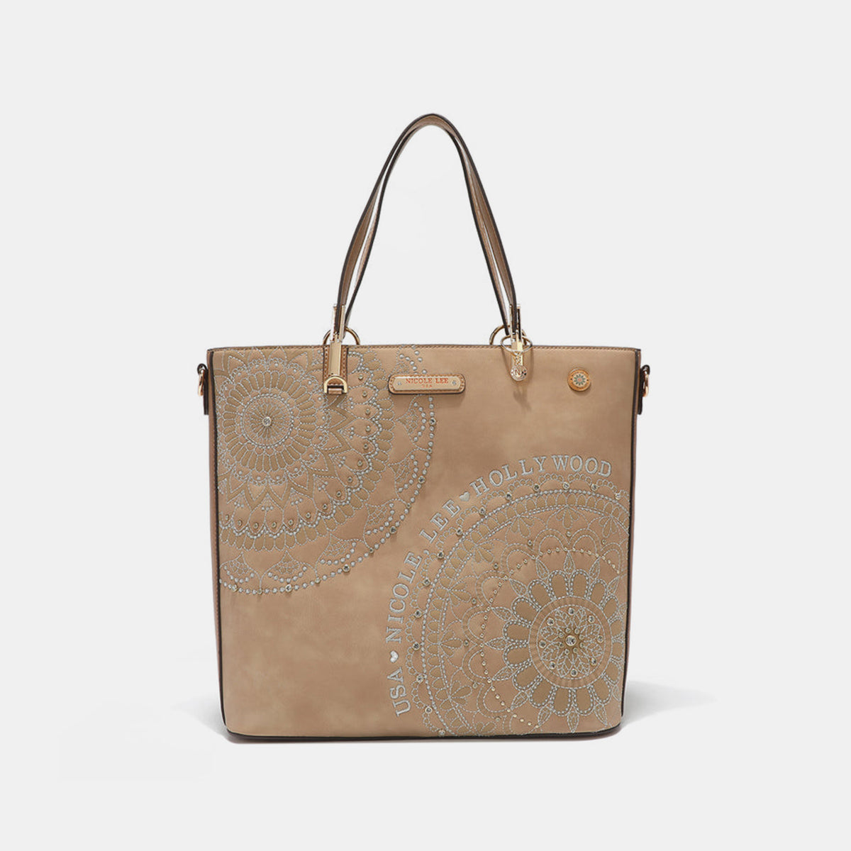 Nicole Lee USA Metallic Stitching Embroidery Inlaid Rhinestone Tote Bag Tote Bag Trendsi Beige One Size 