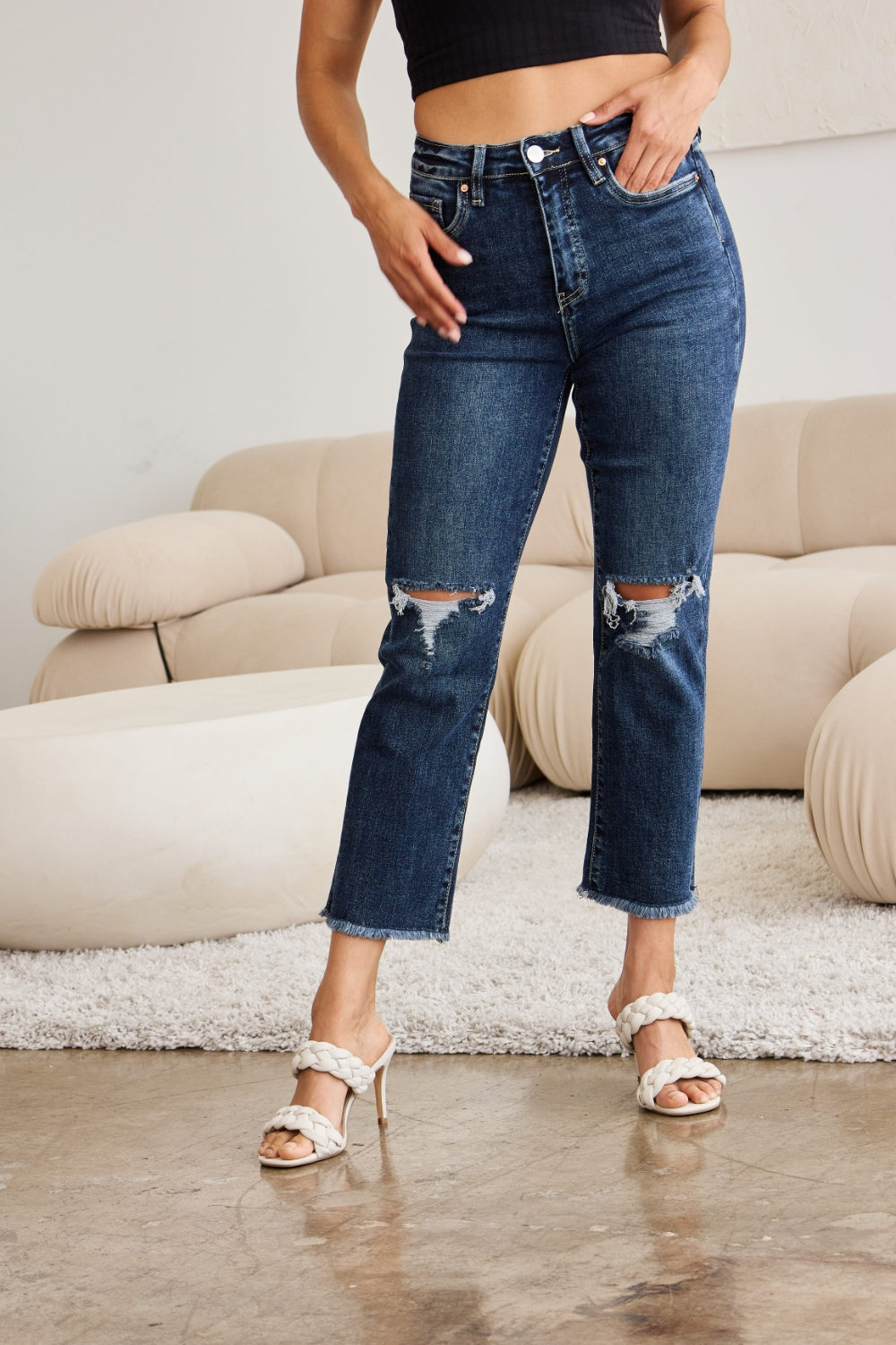 RFM Full Size Tummy Control Distressed High Waist Raw Hem Jeans - NeoKira Unlimited