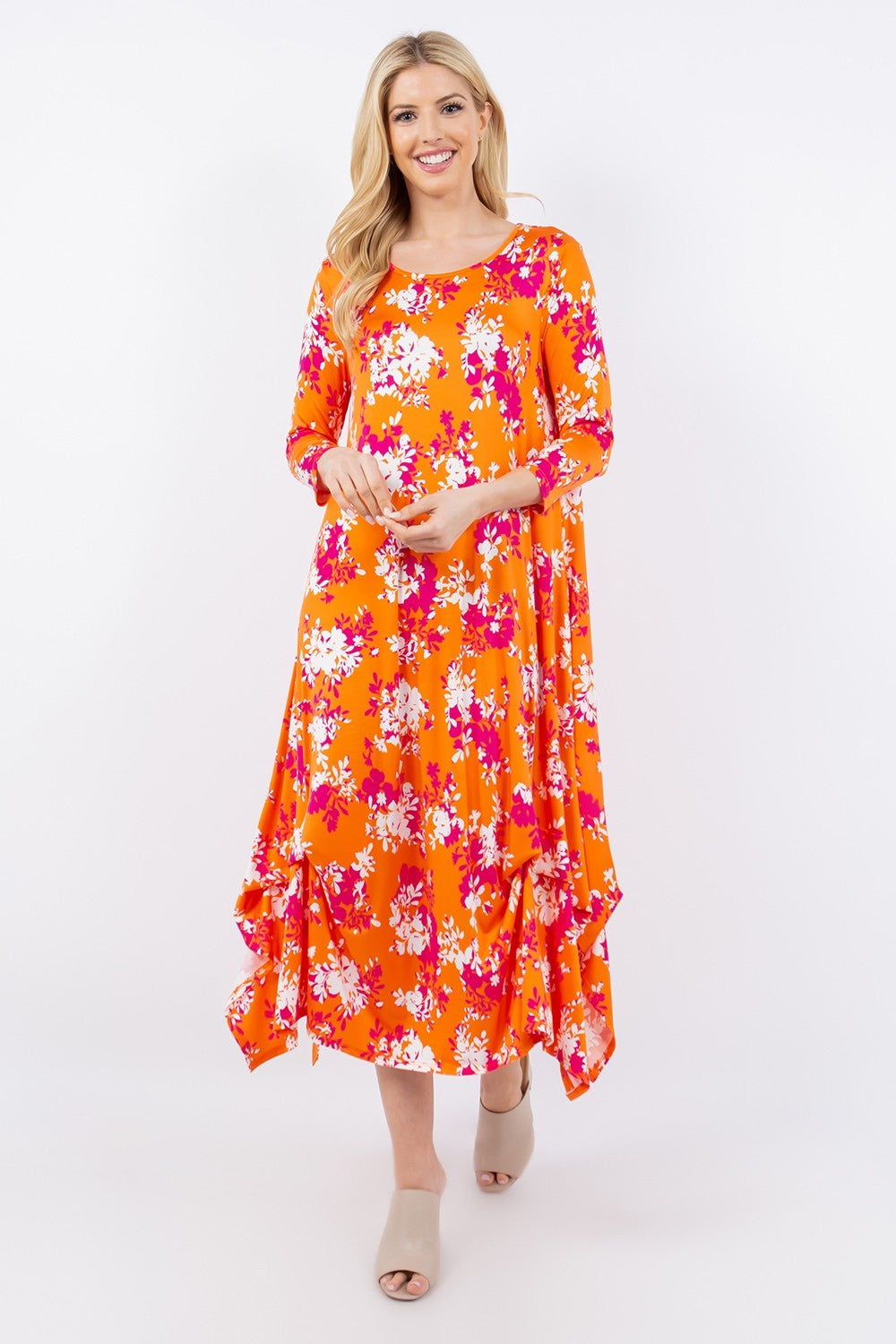 Celeste Full Size Pick-Up Hem Asymmetric Floral Midi Dress Midi Dress Trendsi   