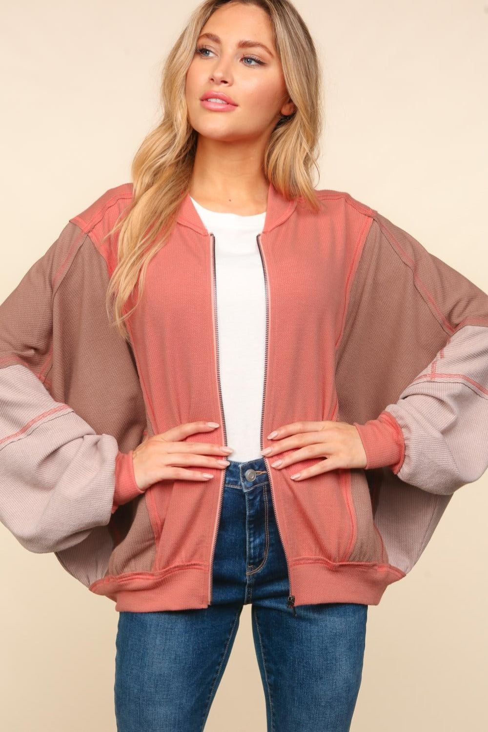 Haptics Zip Up Color Block Bomber Jacket with Side Pockets - NeoKira Unlimited