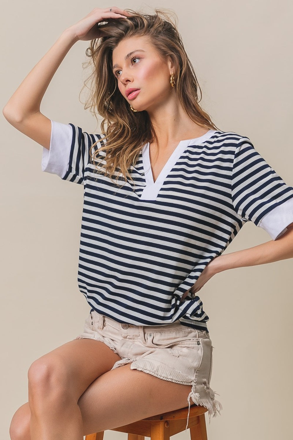 BiBi Contrast Striped Notched Knit Top - NeoKira Unlimited