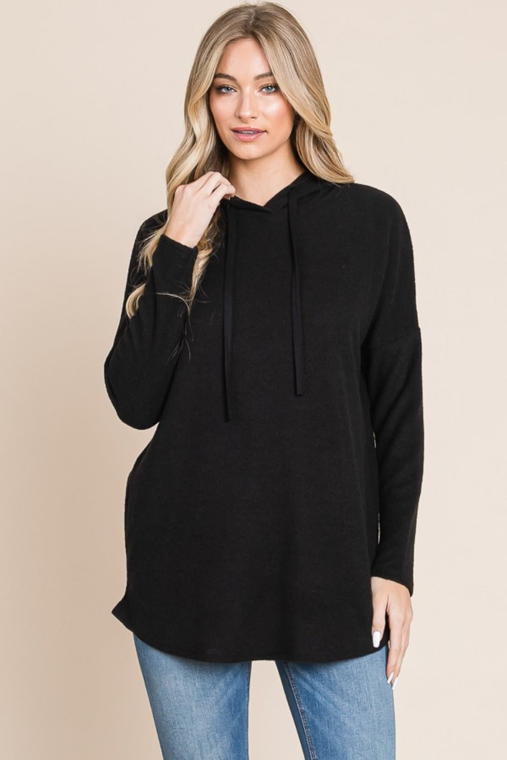 BOMBOM Contrast Drawstring Drop Shoulder Knit Hoodie - NeoKira Unlimited