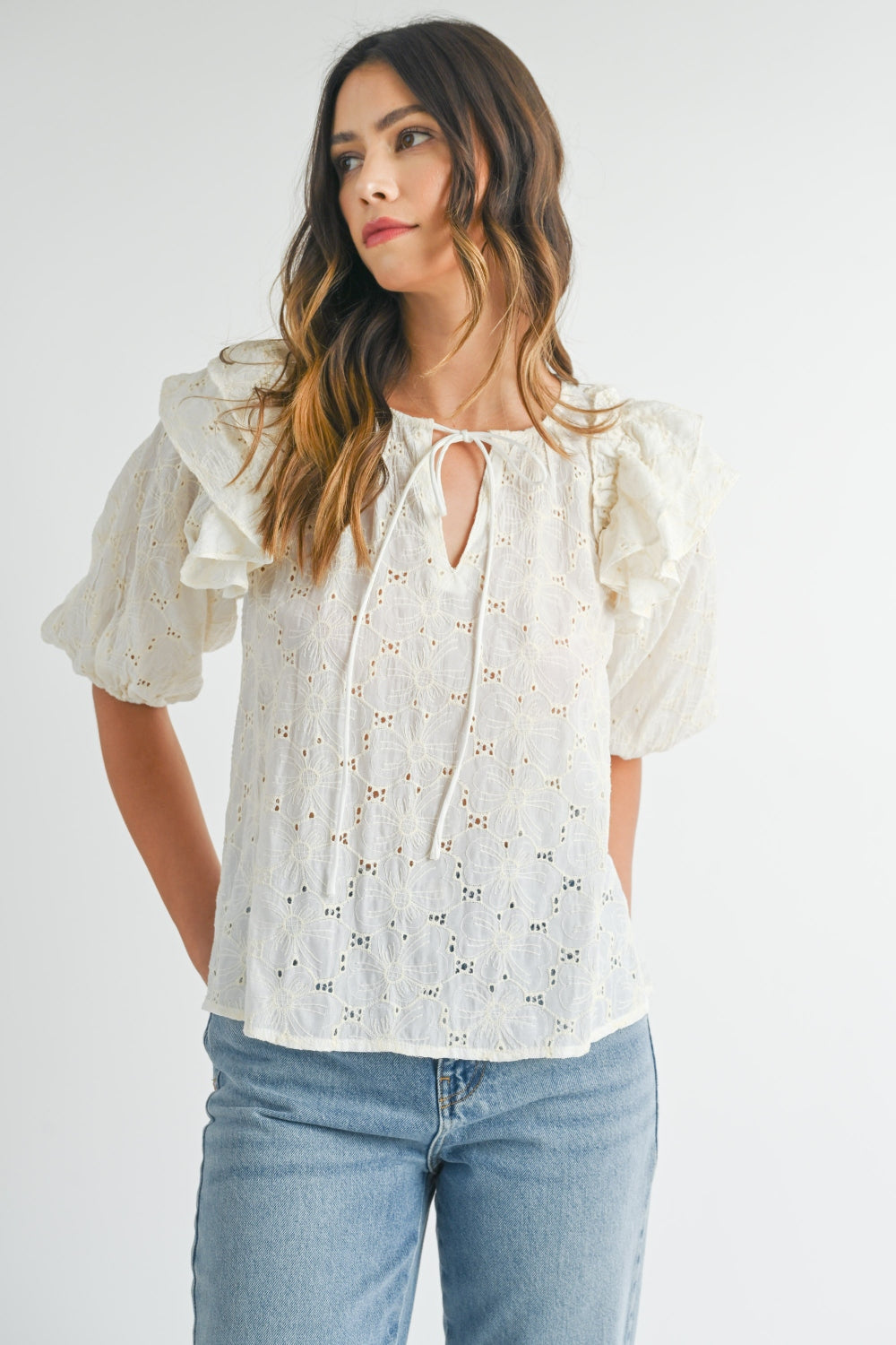 MABLE Eyelet Lace Ruffle Shoulder Puff Sleeve Blouse - NeoKira Unlimited