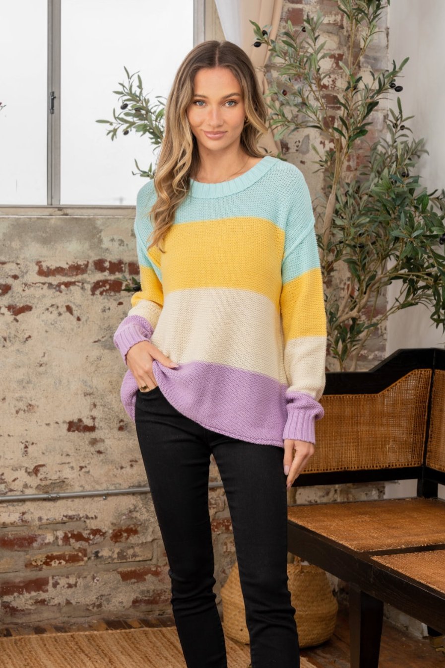 Sew In Love Full Size Color Block Exposed Seam Sweater Sweater Trendsi Yellow Lilac S 