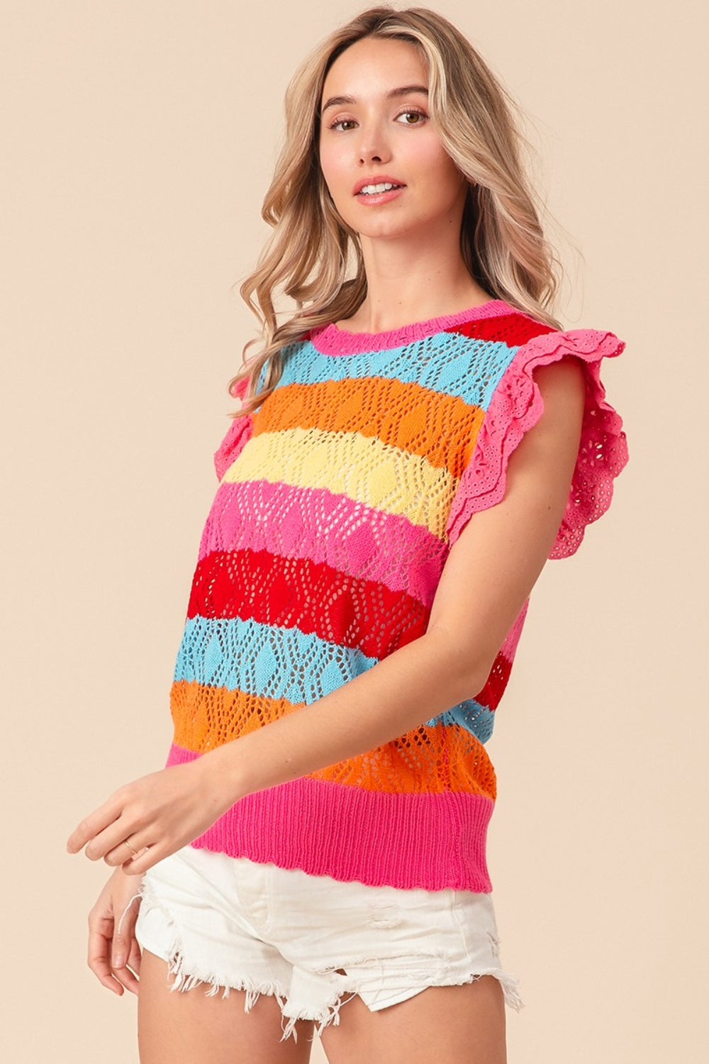 BiBi Pointelle Striped Ruffled Knit Top - NeoKira Unlimited
