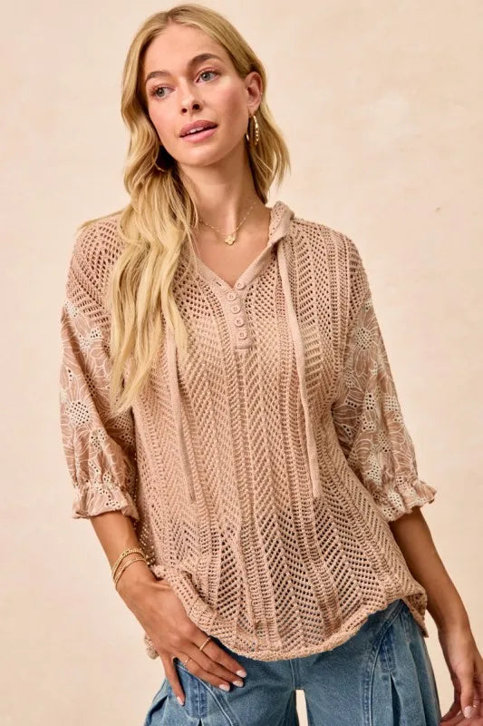 BiBi Puff Sleeve Hooded Knit Top With Jacquard Floral Lace – Light Taupe - NeoKira Unlimited