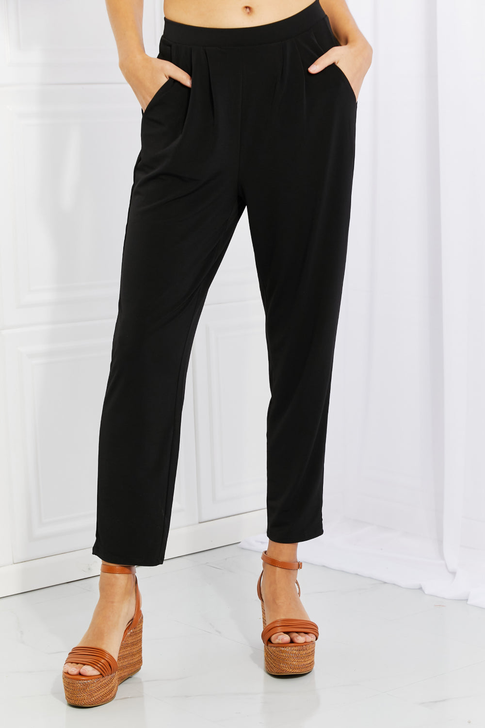 Zenana Pleated High Waist Pants with Side Pockets Pants Trendsi Black 3X 