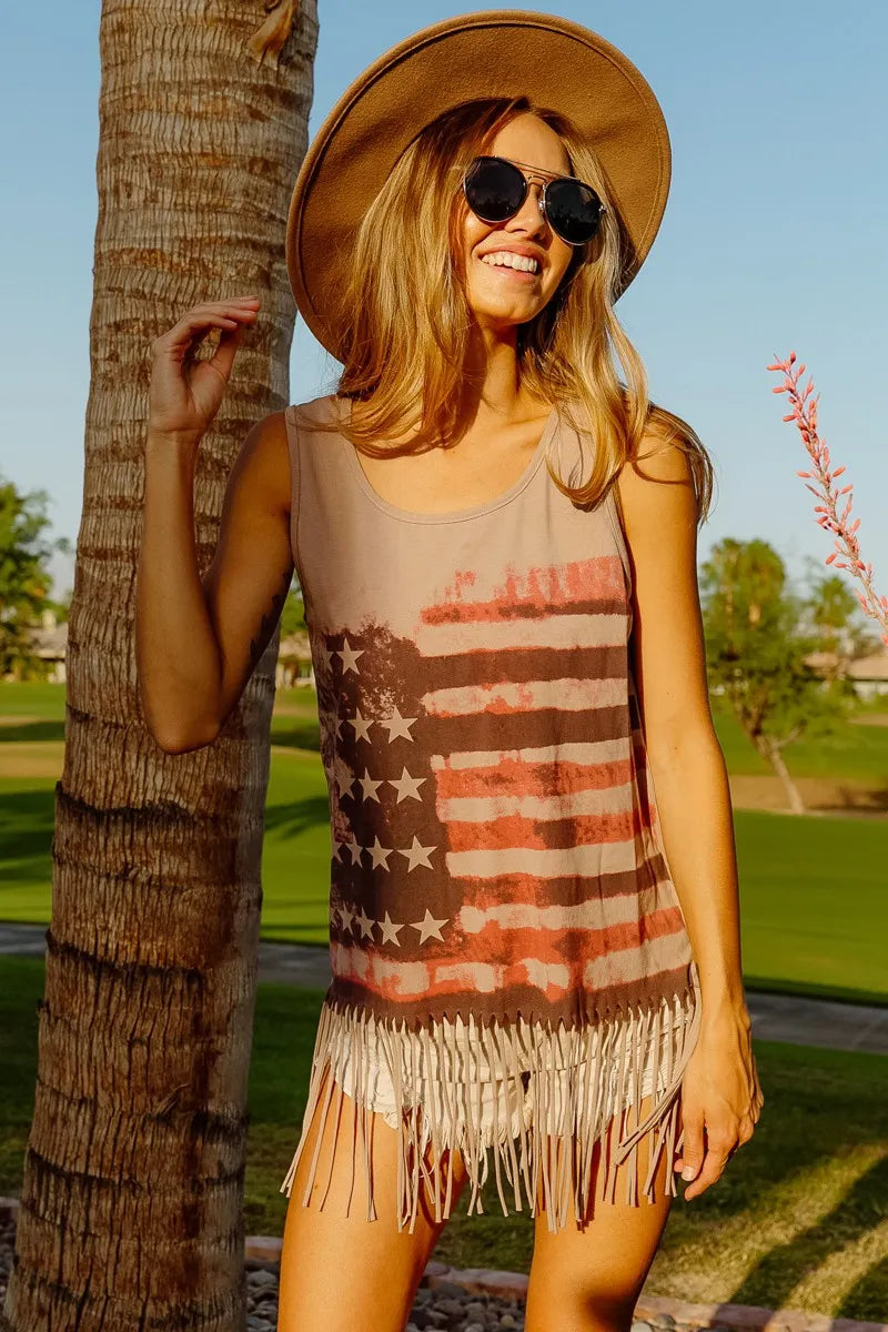 BiBi Distressed Flag Fringe Tank Top – Boho Americana Vibes - NeoKira Unlimited