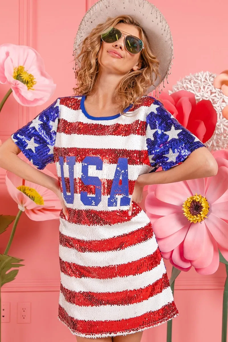 BiBi American Flag Theme Usa Print Sequin Dress - NeoKira Unlimited