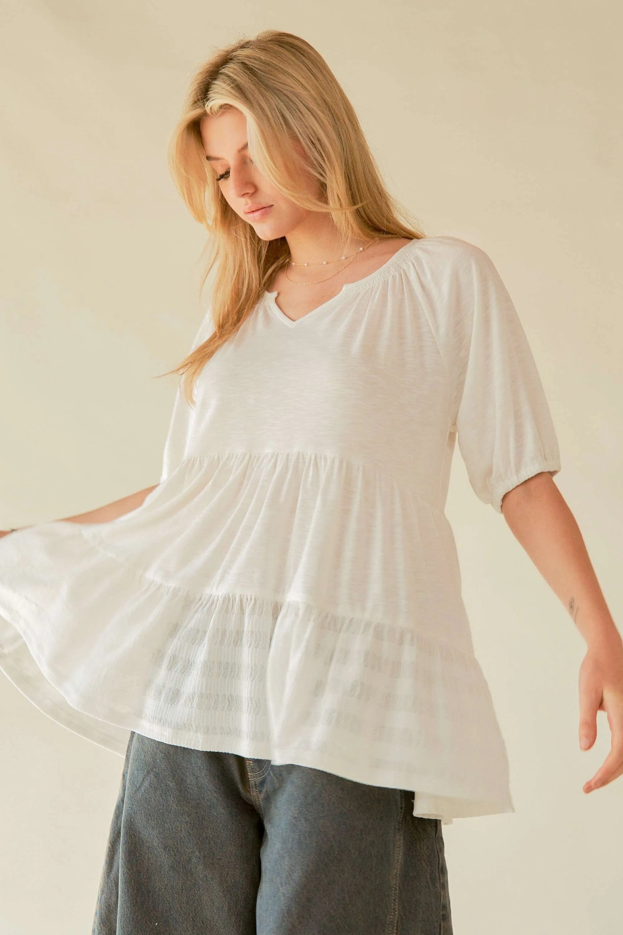 Davi & Dani Ruffled Flared Short Sleeve V Neck Blouse - NeoKira Unlimited