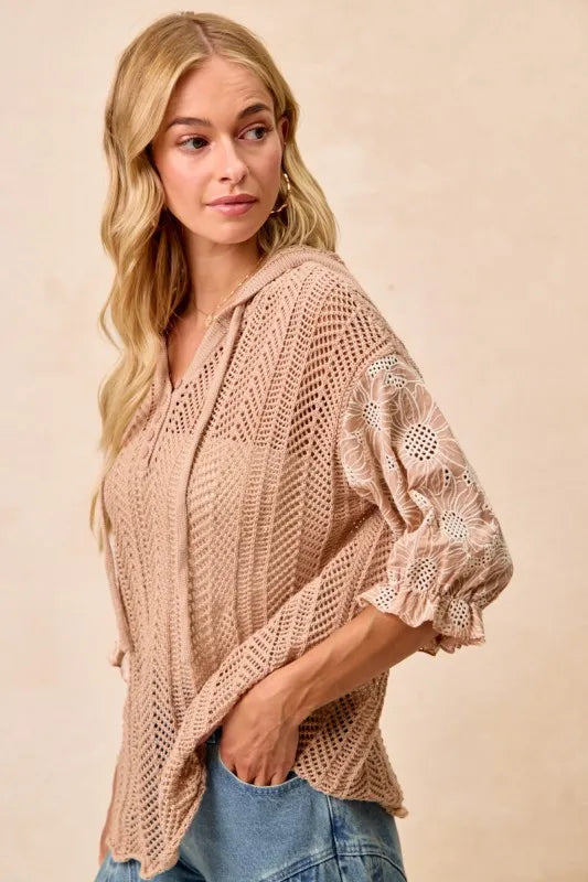 BiBi Puff Sleeve Hooded Knit Top With Jacquard Floral Lace – Light Taupe - NeoKira Unlimited