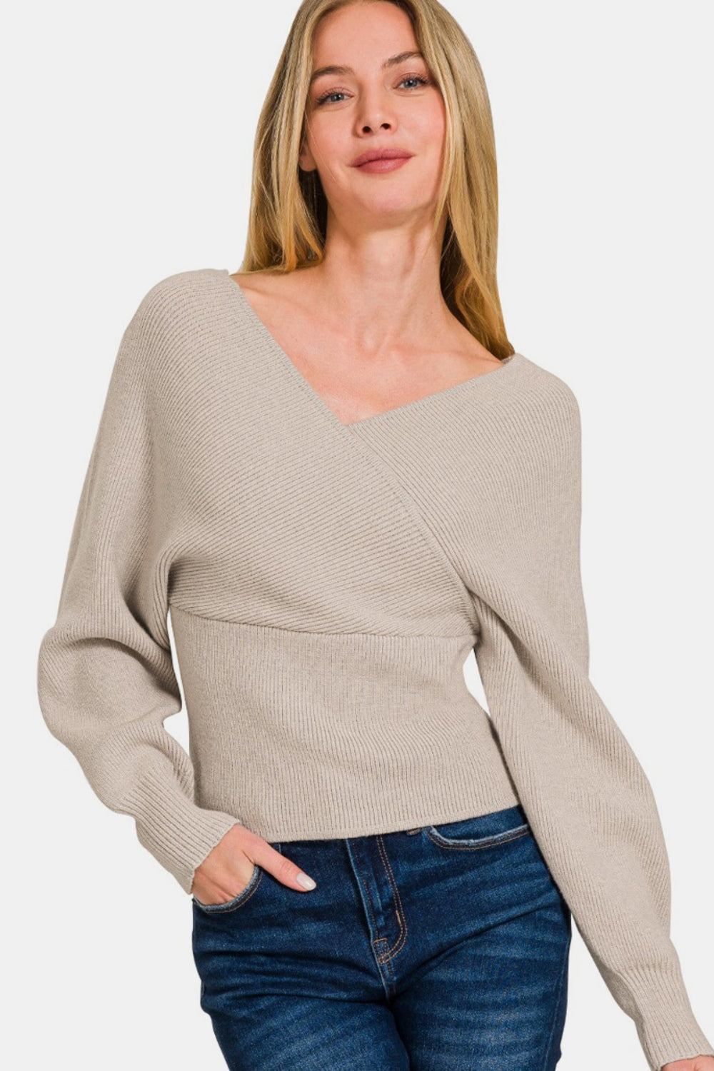 Zenana Cross Wrap Rib Long Sleeve Sweater - NeoKira Unlimited