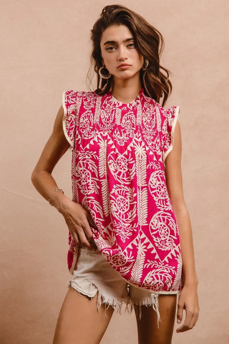 BiBi Pink Paisley Ruffle Cap Sleeve Smocked Neck Blouse - NeoKira Unlimited