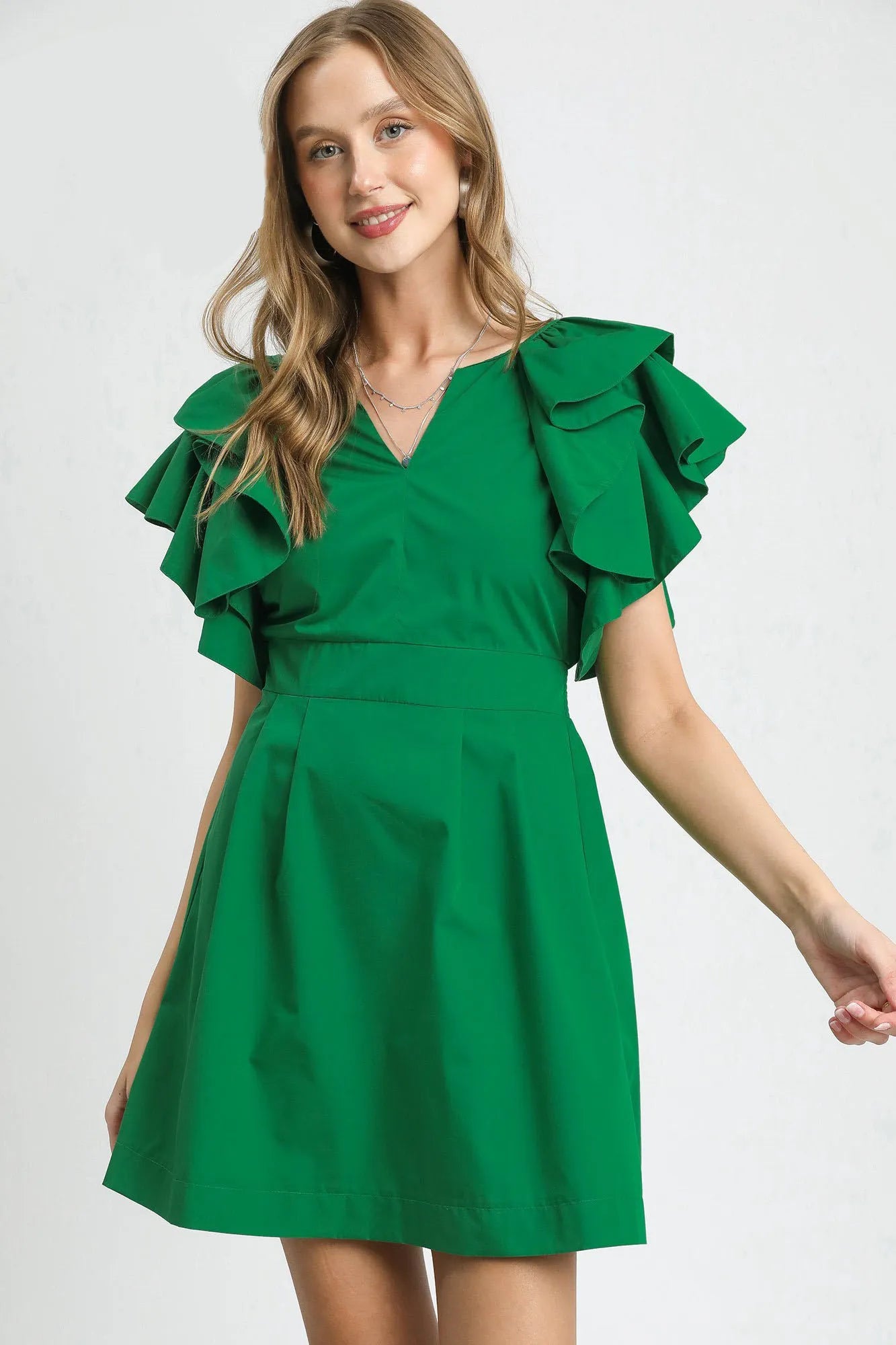 Umgee Boho Chic Emerald Green Double Ruffle Sleeve Flare Mini Dress - NeoKira Unlimited