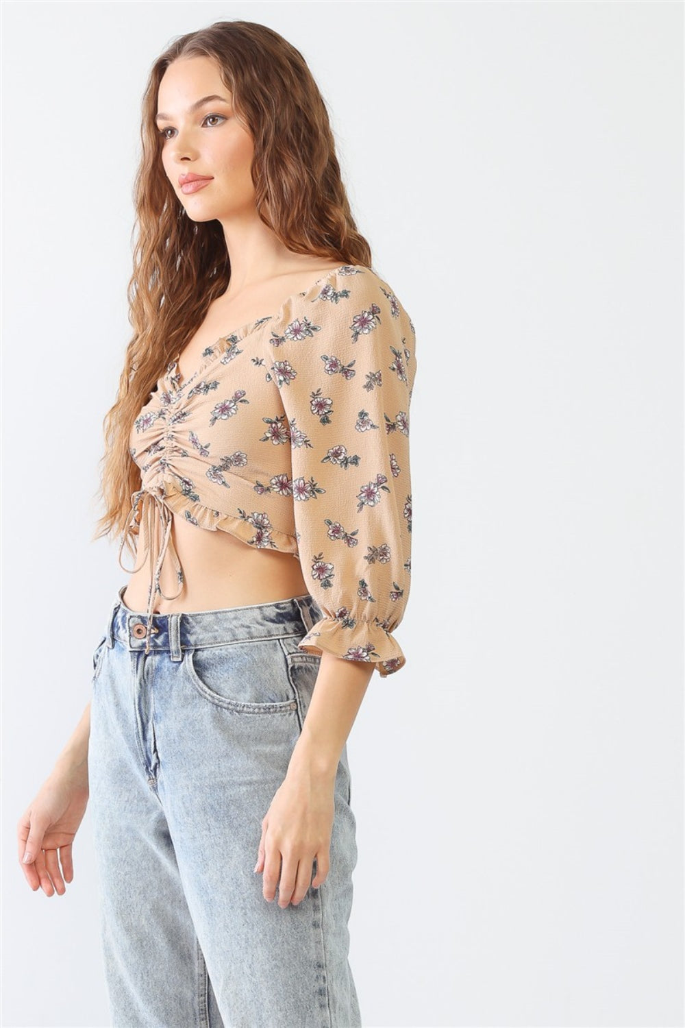 Tasha Apparel Floral Ruffle Smocked Back Ruched Crop Top Top Trendsi   