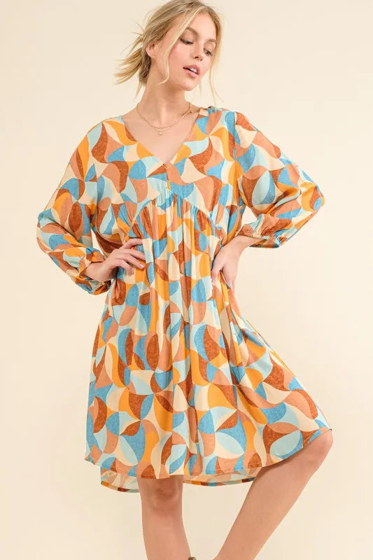 And The Why Printed Open Back Puff Sleeve Casual Dress Vibrant Flirty - NeoKira Unlimited