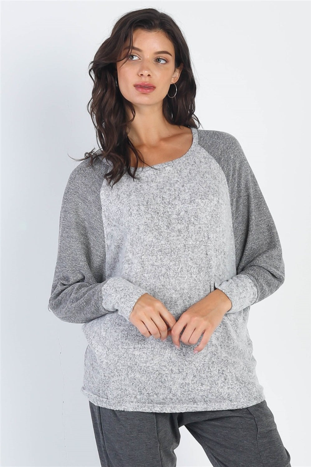 Cherish Apparel Round Neck Long Sleeve Contrast Top Top Trendsi Heather Grey S 