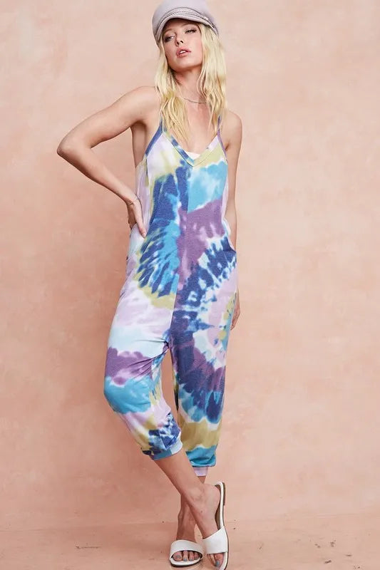 BiBi Tie Dye Knit Mid-length Casual Jumpsuit Vibrant Relaxed On Trend - NeoKira Unlimited