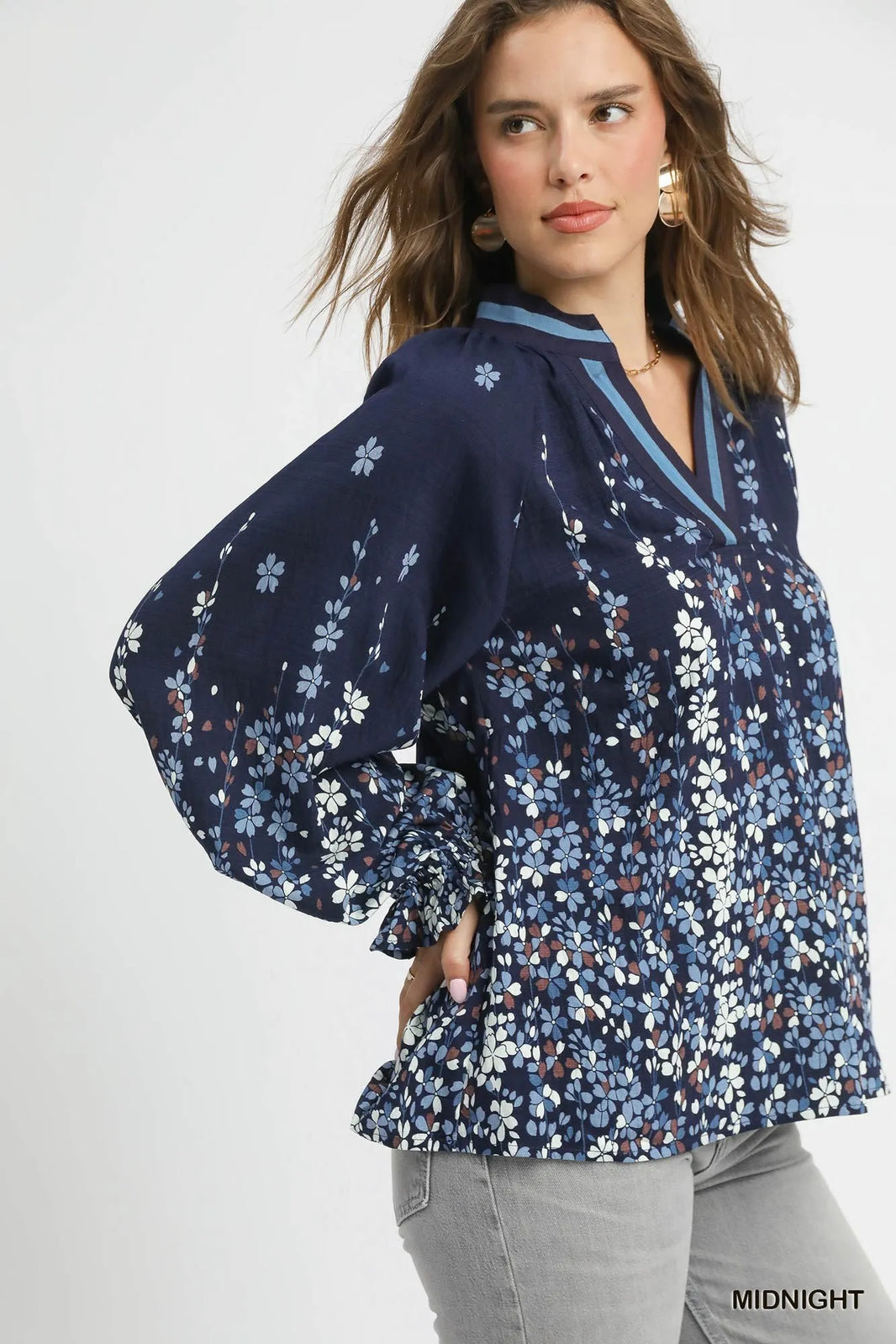Umgee Floral Vine Print Blouse with Balloon Sleeves – Plus Size Boho Chic - NeoKira Unlimited